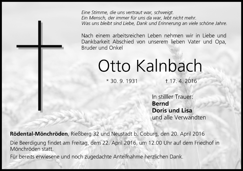  Traueranzeige für Otto Kalnbach vom 20.04.2016 aus MGO