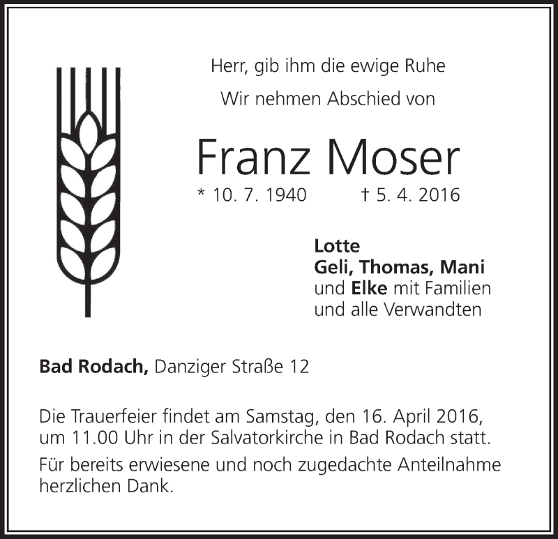  Traueranzeige für Franz Moser vom 13.04.2016 aus MGO