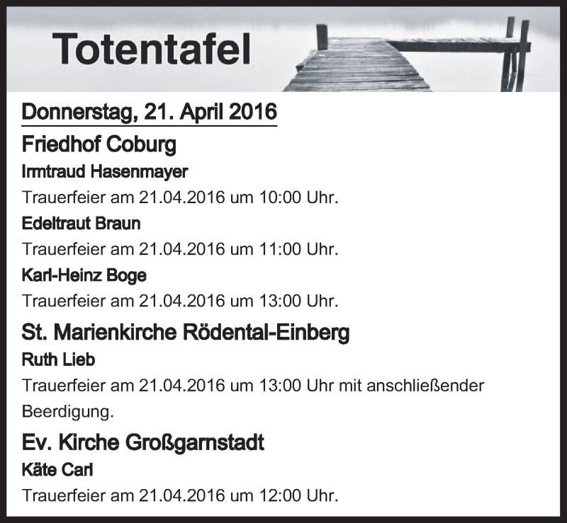  Traueranzeige für Totentafel vom 21.04.2016 vom 21.04.2016 aus MGO