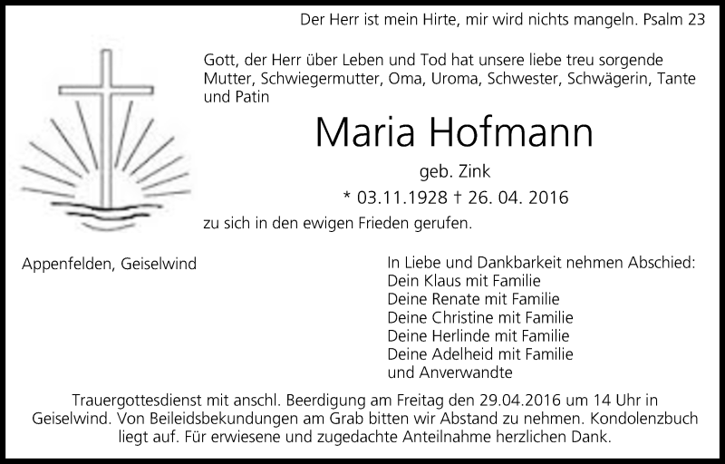  Traueranzeige für Maria Hofmann vom 28.04.2016 aus MGO