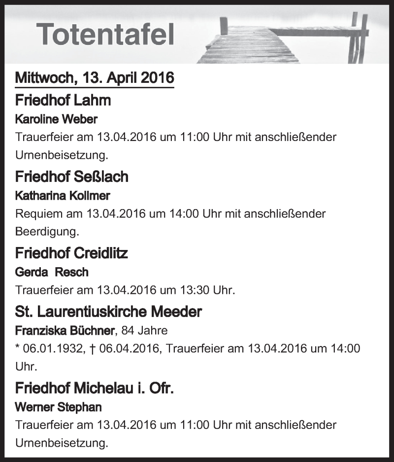  Traueranzeige für Totentafel vom 13.04.2016 vom 13.04.2016 aus MGO