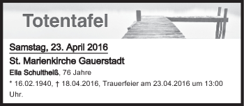 Anzeige von Totentafel vom 23.04.2016 von MGO