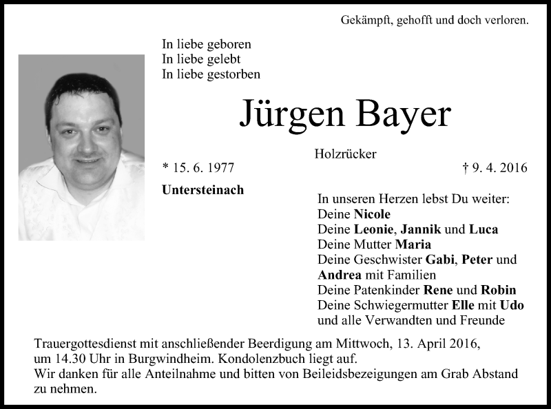  Traueranzeige für Jürgen Bayer vom 11.04.2016 aus MGO