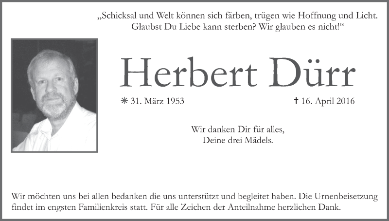  Traueranzeige für Herbert Dürr vom 30.04.2016 aus MGO