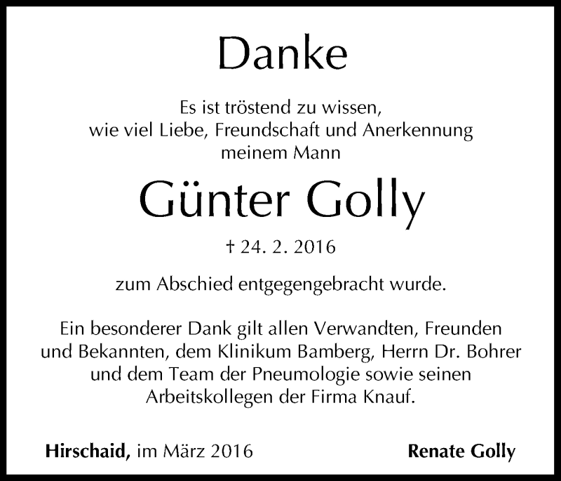  Traueranzeige für Günter Golly vom 02.04.2016 aus MGO