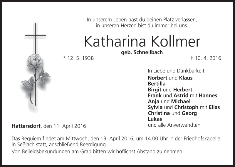  Traueranzeige für Katharina Kollmer vom 11.04.2016 aus MGO