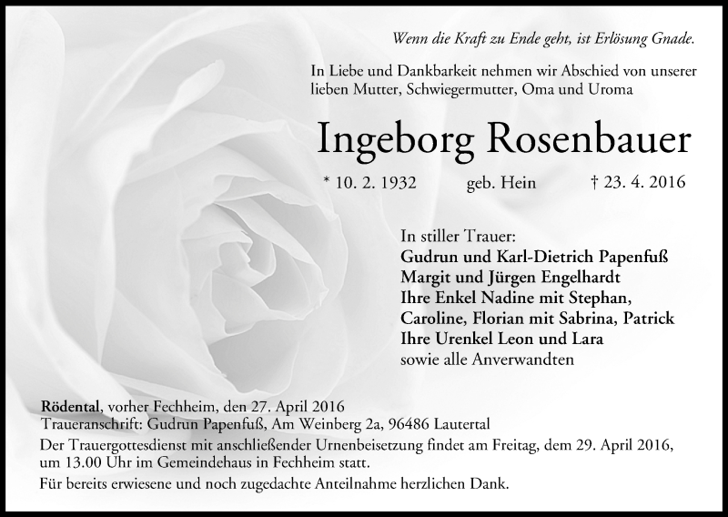  Traueranzeige für Ingeborg Rosenbauer vom 27.04.2016 aus MGO