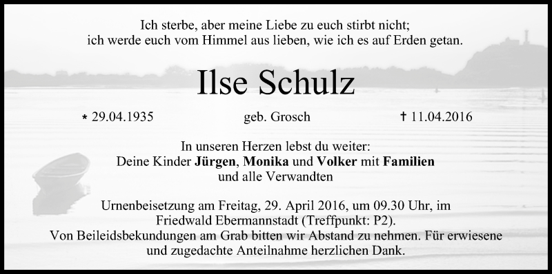  Traueranzeige für Ilse Schulz vom 23.04.2016 aus MGO
