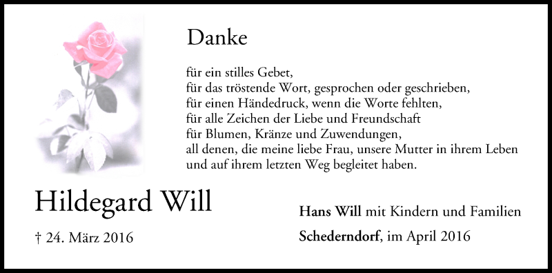  Traueranzeige für Hildegard Will vom 15.04.2016 aus MGO