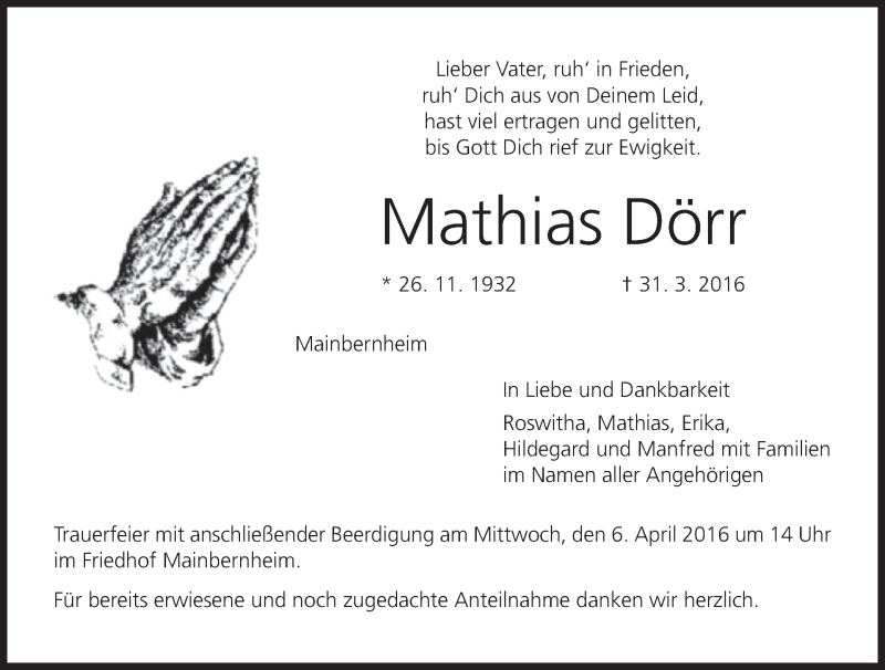  Traueranzeige für Mathias Dörr vom 02.04.2016 aus MGO