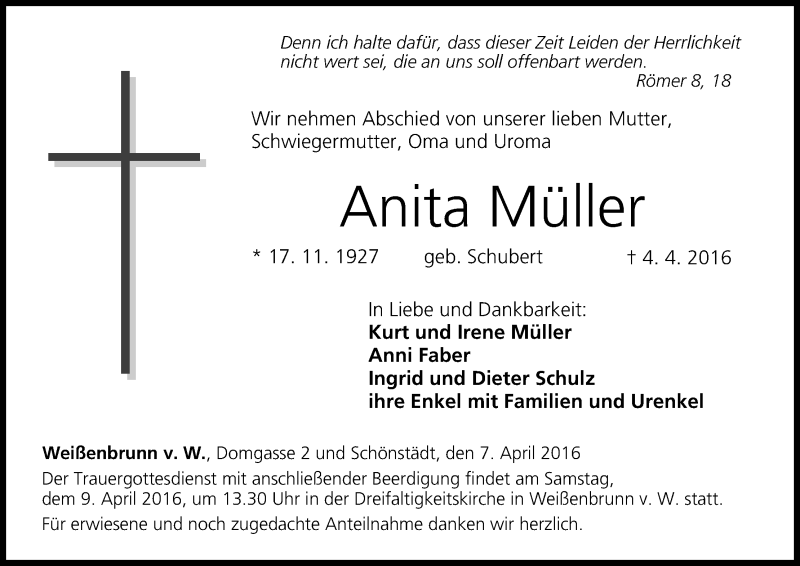  Traueranzeige für Anita MÃ¼ller vom 07.04.2016 aus MGO
