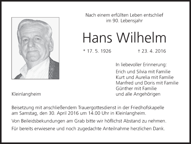  Traueranzeige für Hans Wilhelm vom 28.04.2016 aus MGO