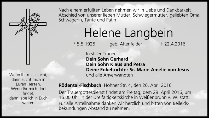  Traueranzeige für Helene Langbein vom 26.04.2016 aus MGO