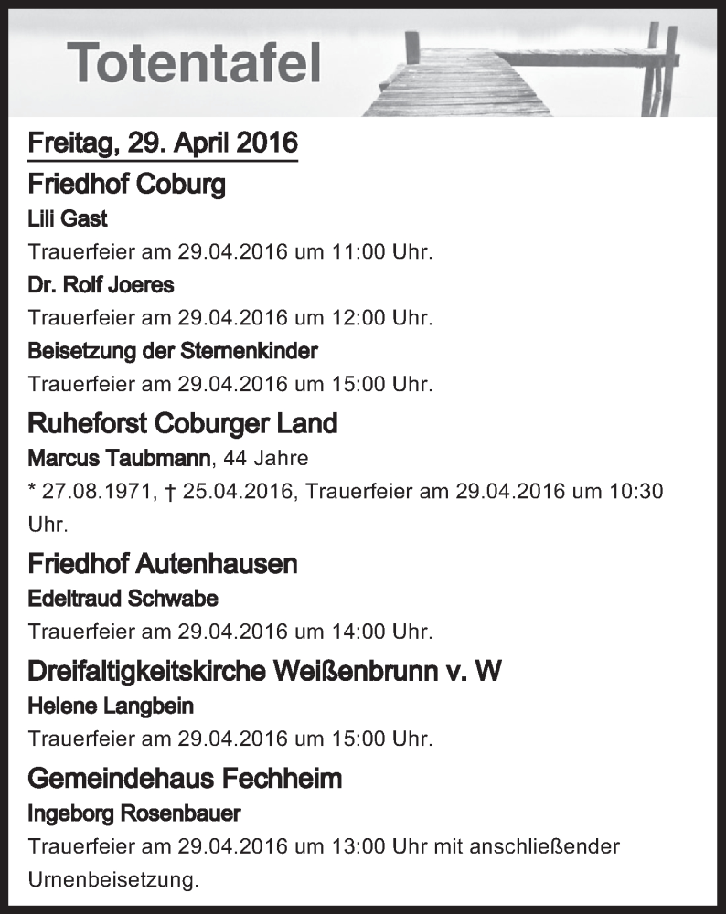  Traueranzeige für Totentafel vom 29.04.2016 vom 29.04.2016 aus MGO