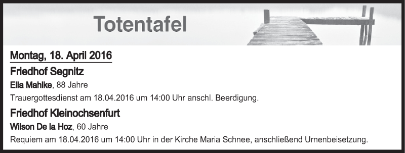 Traueranzeige für Totentafel vom 18.04.2016 vom 18.04.2016 aus MGO