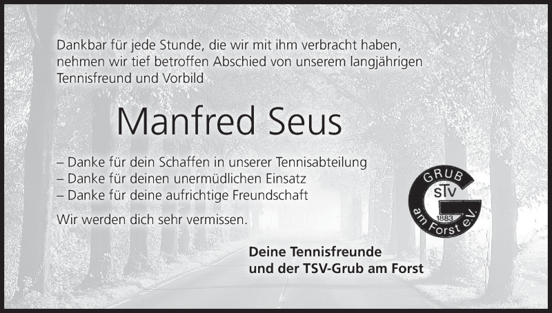  Traueranzeige für Manfred Seus vom 07.04.2016 aus MGO