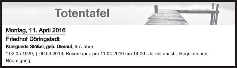  Traueranzeige für Totentafel vom 11.04.2016 vom 11.04.2016 aus MGO