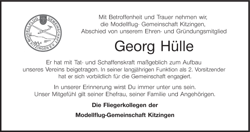  Traueranzeige für Georg Hülle vom 09.04.2016 aus MGO