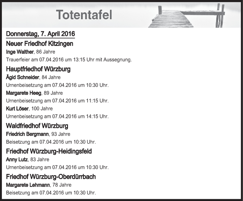 Traueranzeige für Totentafel vom 07.04.2016 vom 07.04.2016 aus MGO