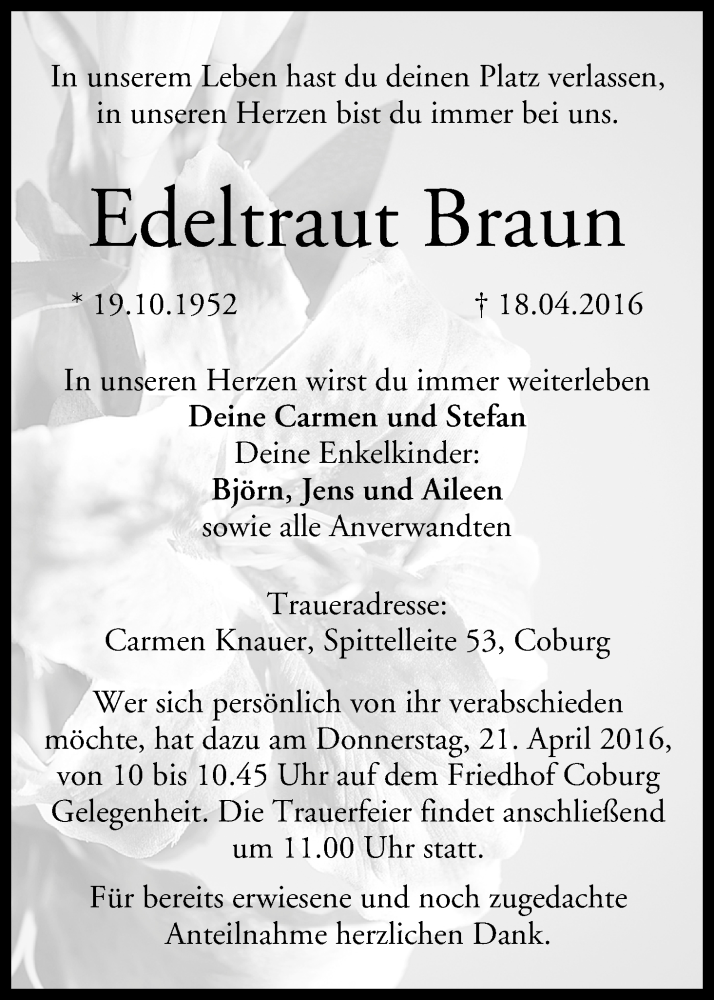  Traueranzeige für Edeltraut Braun vom 20.04.2016 aus MGO