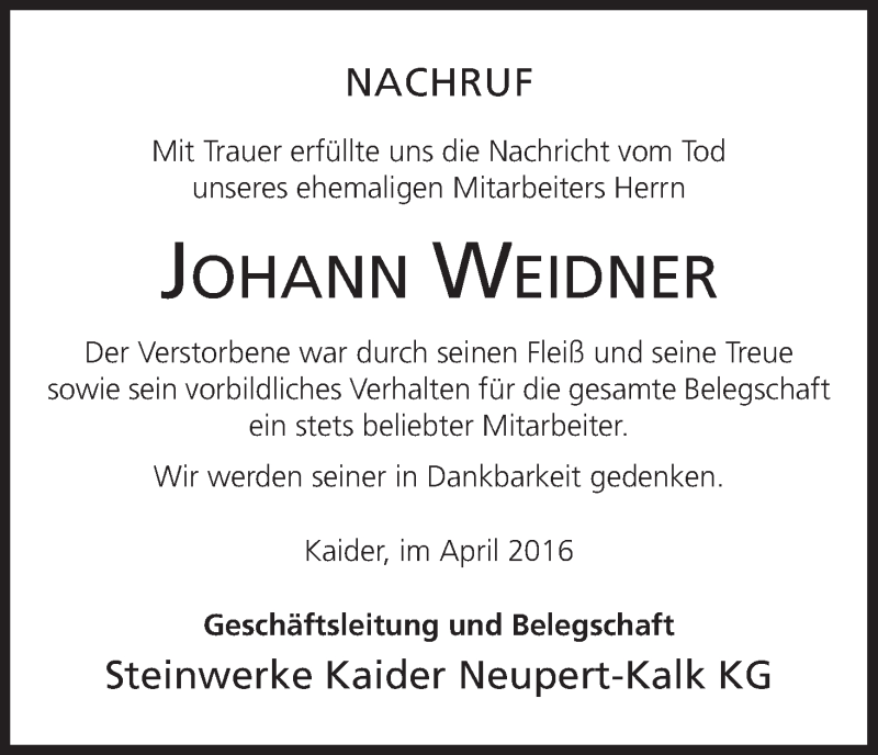  Traueranzeige für Johann Weidner vom 29.04.2016 aus MGO