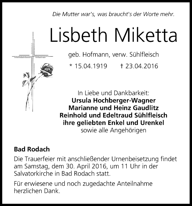  Traueranzeige für Lisbeth Miketta vom 26.04.2016 aus MGO