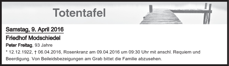  Traueranzeige für Totentafel vom 09.04.2016 vom 09.04.2016 aus MGO