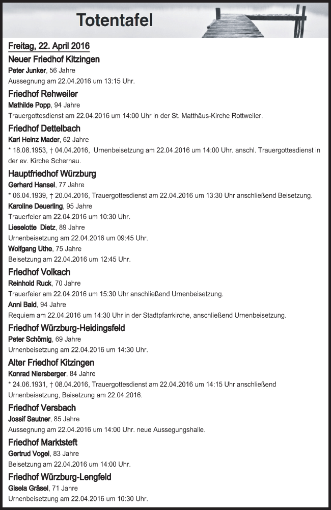  Traueranzeige für Totentafel vom 22.04.2016 vom 22.04.2016 aus MGO