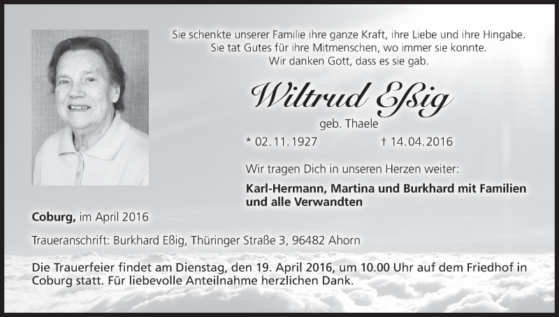  Traueranzeige für Wiltrud Eßig vom 16.04.2016 aus MGO