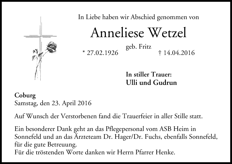  Traueranzeige für Anneliese Wetzel vom 23.04.2016 aus MGO