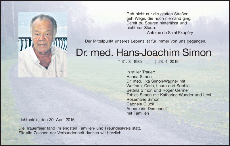  Traueranzeige für Hans-Joachim Simon vom 30.04.2016 aus MGO