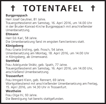 Anzeige von Totentafel vom 15.04.2016 von MGO
