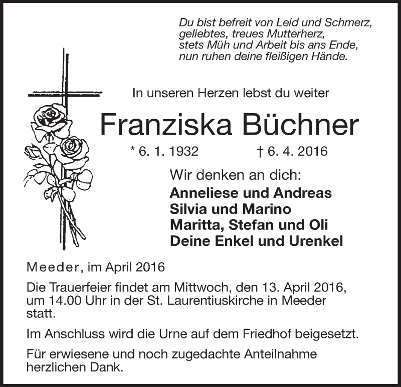  Traueranzeige für Franziska Büchner vom 09.04.2016 aus MGO