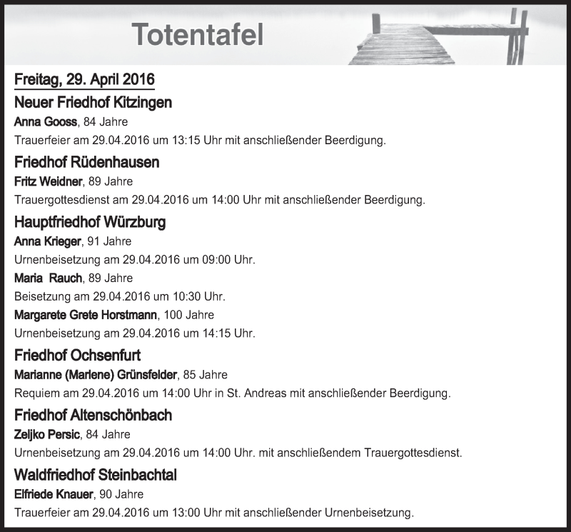  Traueranzeige für Totentafel vom 29.04.2016 vom 29.04.2016 aus MGO