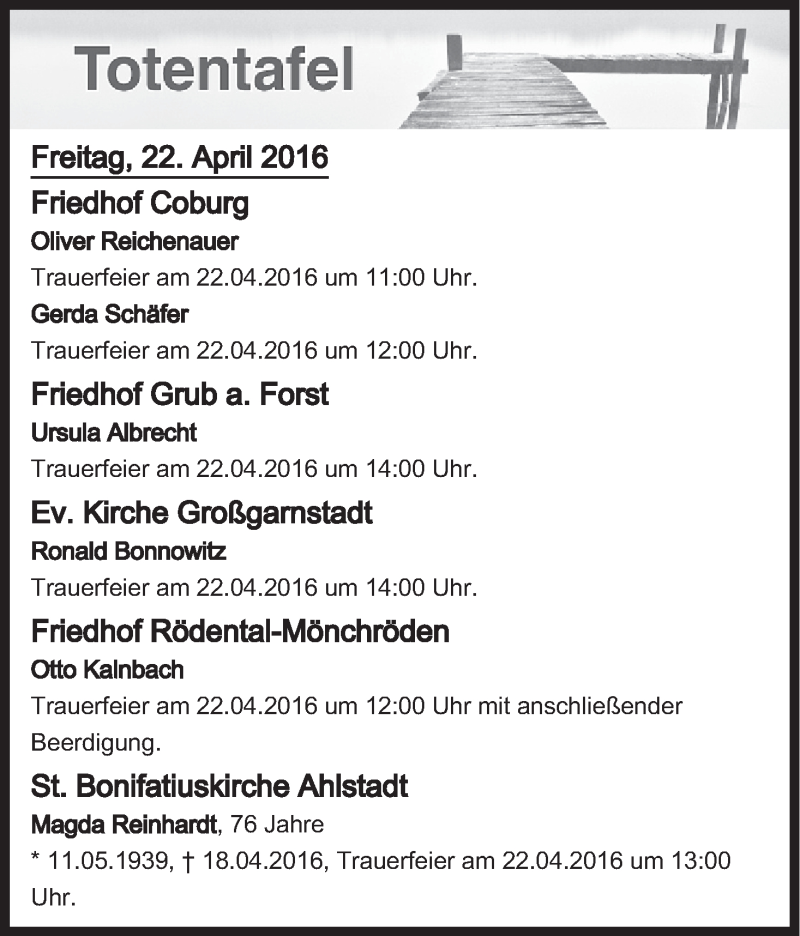  Traueranzeige für Totentafel vom 22.04.2016 vom 22.04.2016 aus MGO