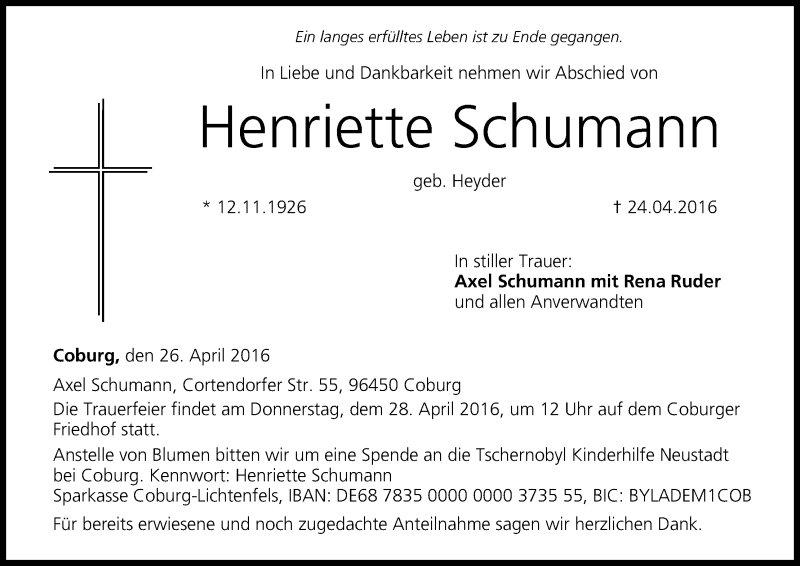  Traueranzeige für Henriette Schumann vom 26.04.2016 aus MGO