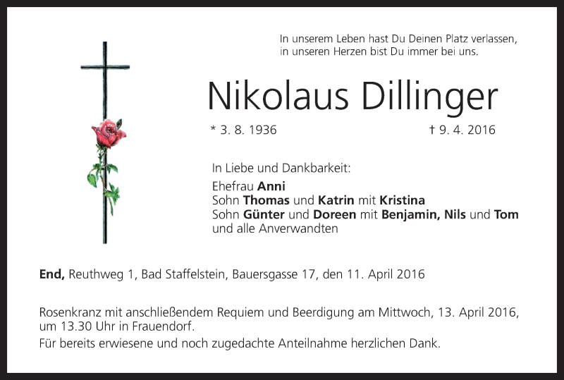 Traueranzeige für Nikolaus Dillinger vom 11.04.2016 aus MGO