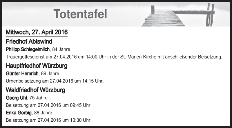  Traueranzeige für Totentafel vom 27.04.2016 vom 27.04.2016 aus MGO