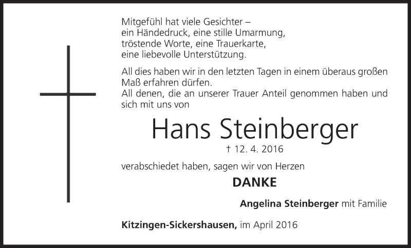  Traueranzeige für Hans Steinberger vom 30.04.2016 aus MGO