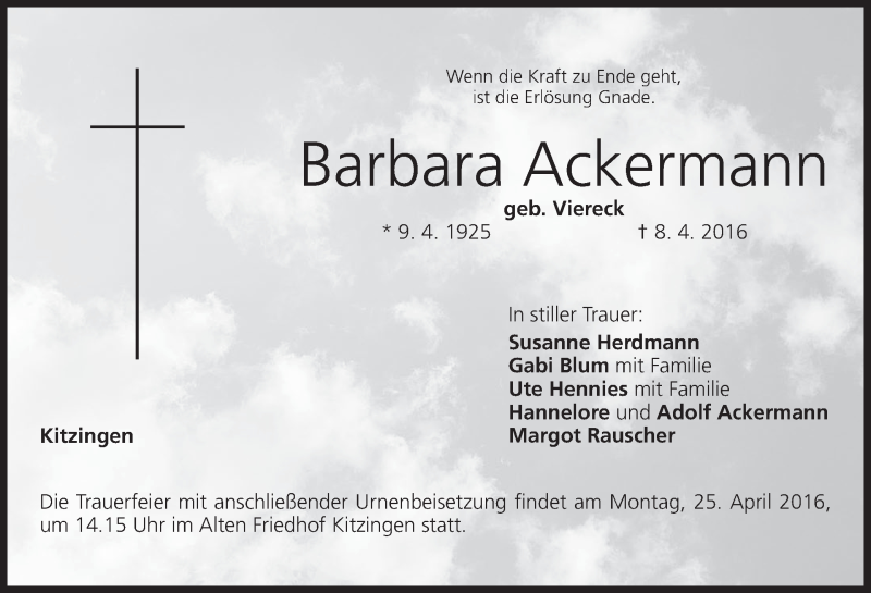  Traueranzeige für Barbara Ackermann vom 22.04.2016 aus MGO