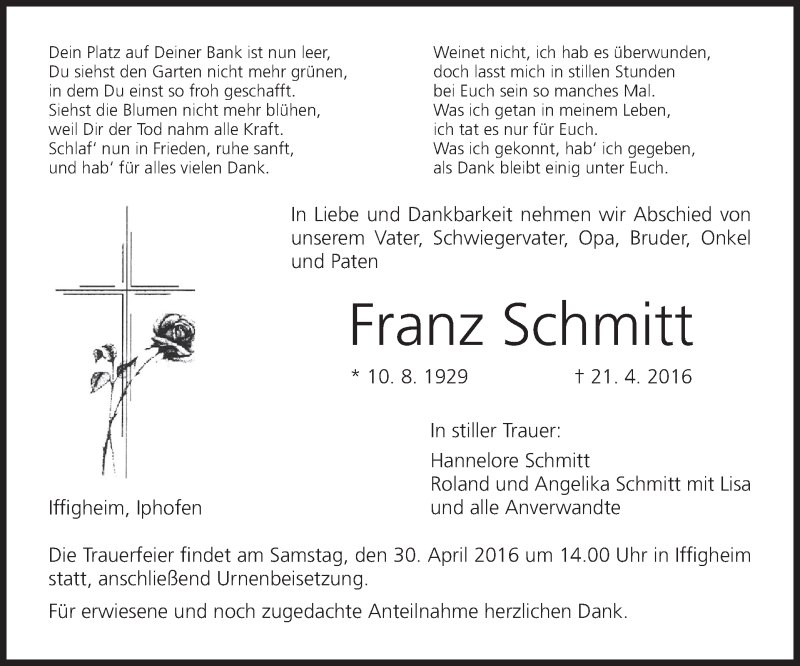  Traueranzeige für Franz Schmitt vom 26.04.2016 aus MGO
