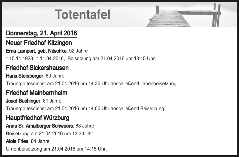  Traueranzeige für Totentafel vom 21.04.2016 vom 21.04.2016 aus MGO