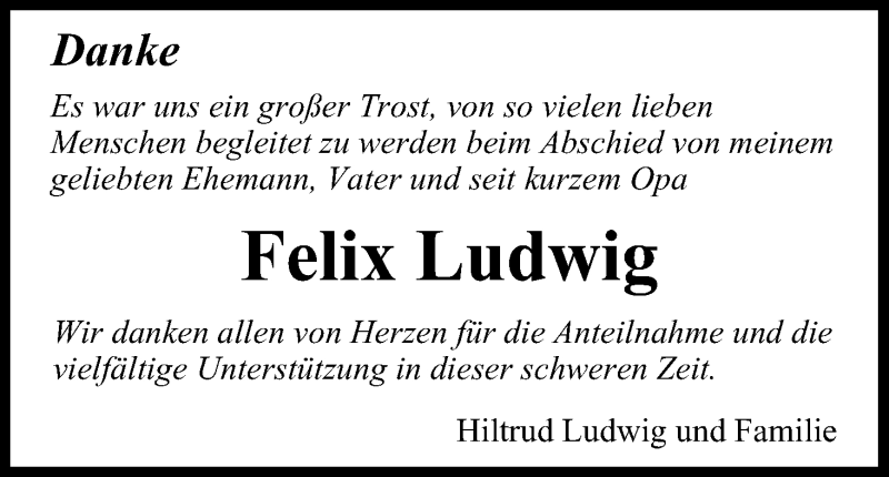  Traueranzeige für Felix Ludwig vom 30.04.2016 aus MGO