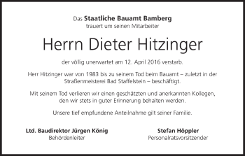 Anzeige von Dieter Hitzinger von MGO