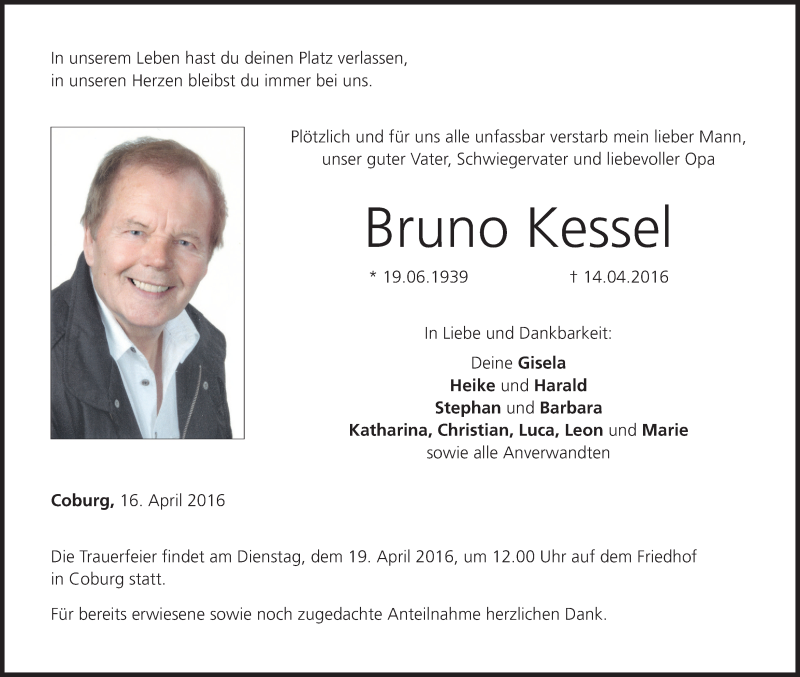 Traueranzeige für Bruno Kessel vom 16.04.2016 aus MGO
