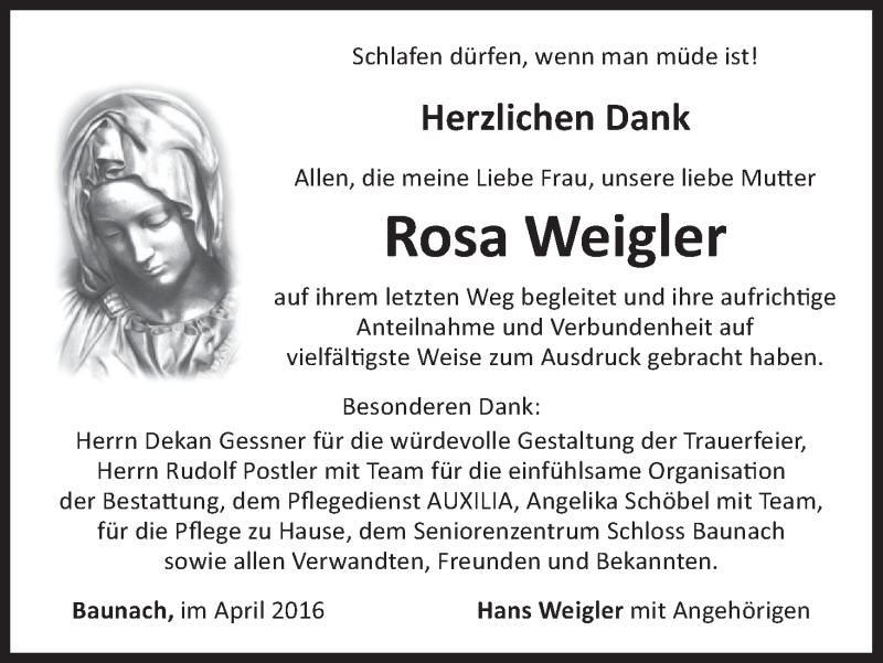  Traueranzeige für Rosa Weigler vom 07.04.2016 aus MGO