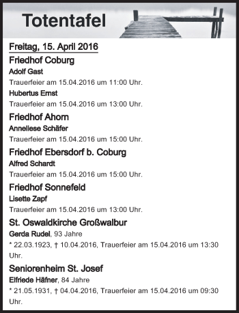 Anzeige von Totentafel vom 15.04.2016 von MGO