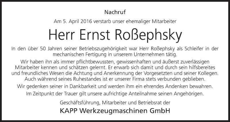  Traueranzeige für Ernst Roßephsky vom 09.04.2016 aus MGO