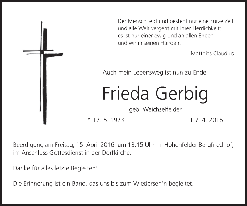  Traueranzeige für Frieda Gerbig vom 13.04.2016 aus MGO