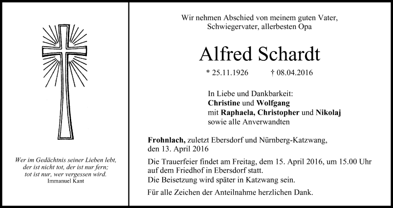  Traueranzeige für Alfred Schardt vom 13.04.2016 aus MGO